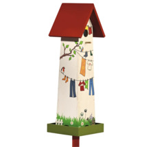 Nichoir décoratif avec motif de fil à linge et toit rouge