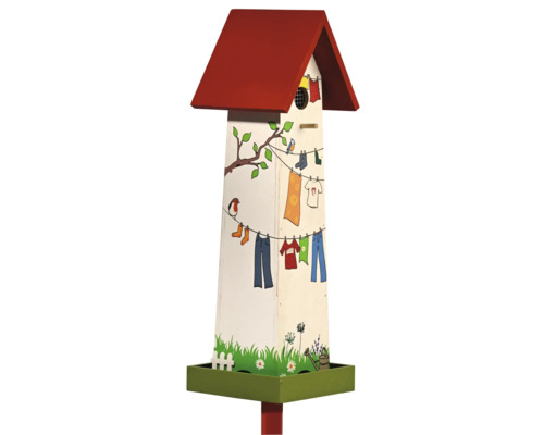 Dekoratives Vogelhaus mit Wäscheleine-Motiv und rotem Dach