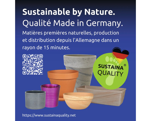 Divers pots de fleurs de différents matériaux avec le label Sustaina Quality