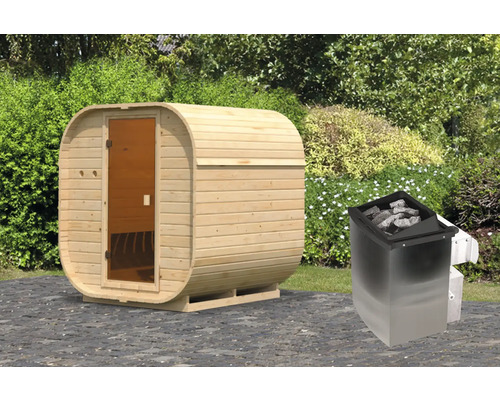 Sauna baril Karibu Quadrado 1 y compris poêle 9 KW et commande intégrée et porte entièrement vitrée coloris bronze