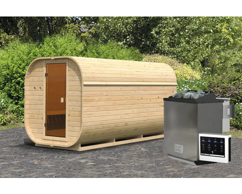 Sauna baril Karibu Quadrado 3 avec poêle 9 kW Bio et commande ext. avec vestibule et porte tout verre bronzée