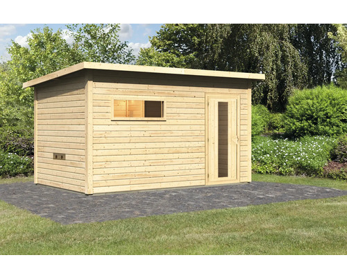 Chalet sauna Karibu Talos 6 sans poêle avec vestibule et porte en bois et verre isolant