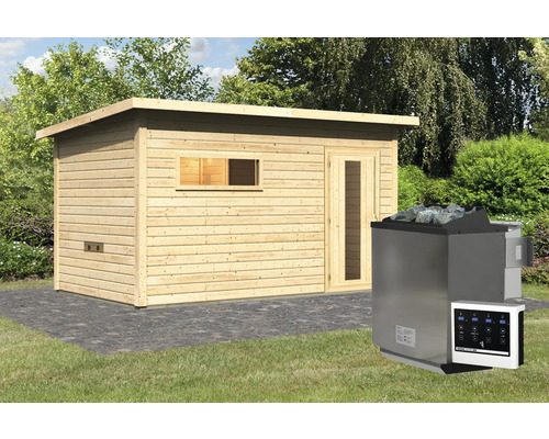 Chalet sauna Karibu Talos 6 avec poêle 9 kW Bio et commande ext. avec vestibule et porte en bois et verre isolant