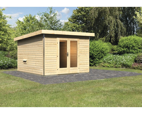 Chalet sauna Karibu Sainburga 1 sans poêle avec vestibule et porte en bois avec verre transparent