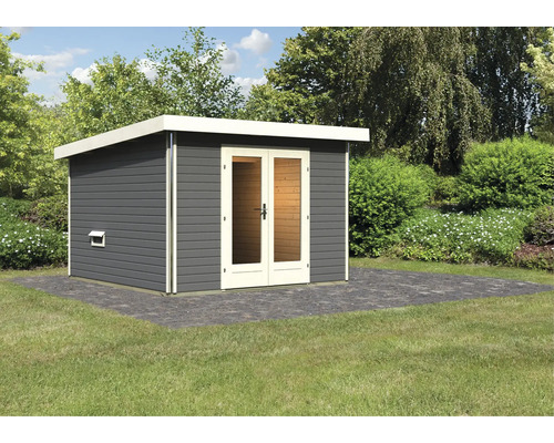 Chalet sauna Karibu Sainburga 1 sans poêle avec vestibule et porte en bois avec verre transparent gris terre cuite