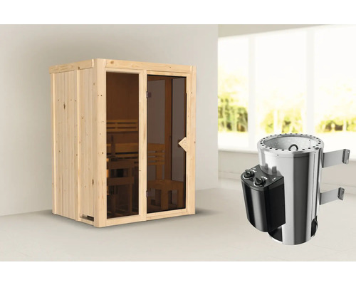 Sauna Plug & Play Iravos 1 avec poêle 3,6 kW et commande intégr. et porte tout verre bronzée