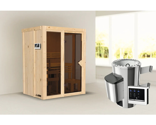 Sauna en bois avec porte en verre, poêle de sauna et unité de commande
