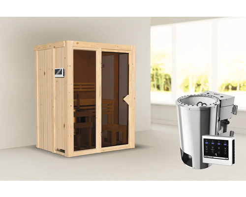 Holzsauna mit Glastür und Saunaofen mit Steuerung