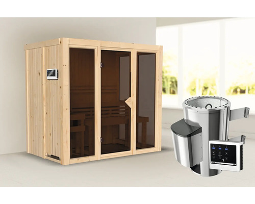 Sauna en bois avec porte en verre et poêle de sauna avec commande