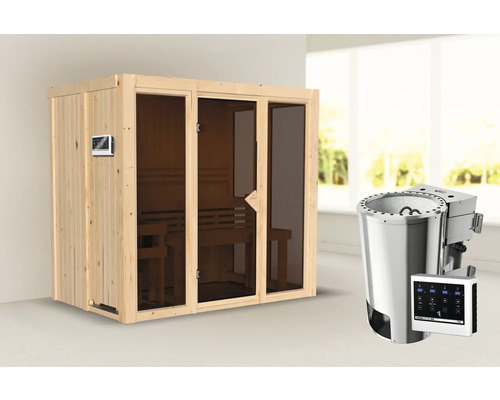 Sauna Plug & Play Iravos 3 avec poêle 3,6 kW Bio et commande ext. et porte tout verre bronzée