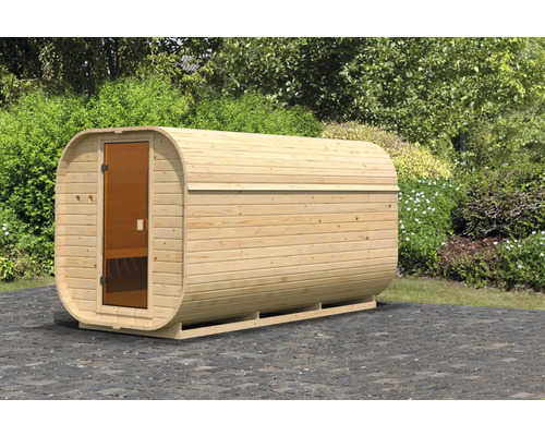 Sauna baril Karibu Quadrado 3 sans poêle avec vestibule et porte tout verre bronzée