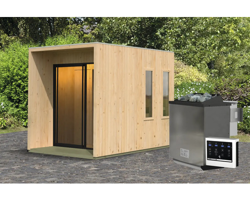 Chalet sauna Karibu Catalinos avec poêle 9 kW Bio et commande ext. avec vestibule et porte tout verre en verre transparent