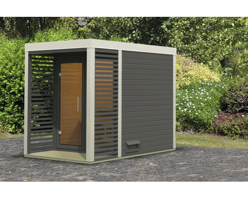 Chalet sauna Karibu Sares 1 sans poêle avec fenêtre et porte tout verre en verre transparent gris terre cuite/blanc