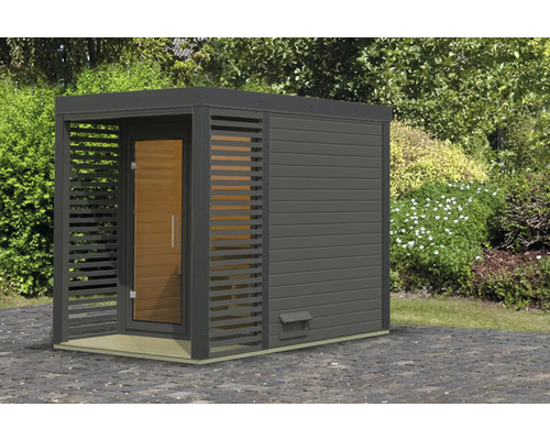 Chalet sauna Karibu Sares 1 sans poêle avec fenêtre et porte tout verre en verre transparent anthracite/gris terre cuite