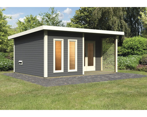 Chalet sauna Karibu Sainburga 5 sans poêle avec vestibule et porte tout verre bronzée gris terre cuite