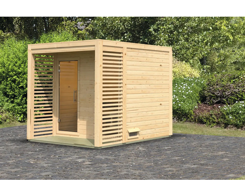 Chalet sauna Karibu Angkora 2 sans poêle avec fenêtre et porte tout verre en verre transparent