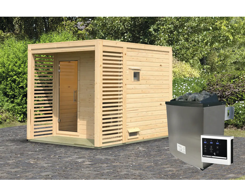 Chalet sauna Karibu Angkora 2 avec poêle 9 KW Bio et commande ext. avec fenêtre et porte tout verre en verre transparent