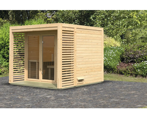 Chalet sauna Karibu Angkora 3 sans poêle avec fenêtre et porte tout verre en verre transparent