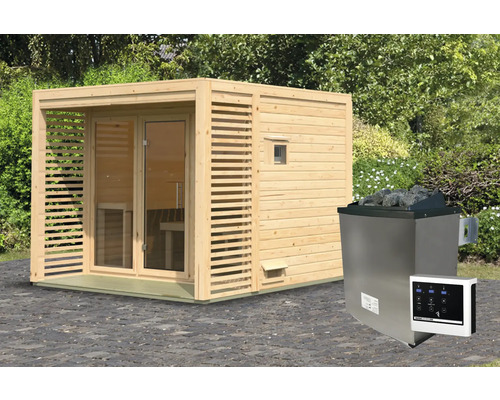 Chalet sauna Karibu Angkora 3 avec poêle 9 KW Bio et commande ext. avec fenêtre et porte tout verre en verre transparent