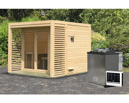 Chalet sauna Karibu Angkora 3 avec poêle 9 kW Bio et commande ext. avec fenêtre et porte tout verre en verre transparent