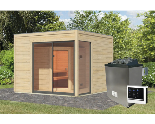 Chalet sauna Karibu Termingo 1 avec poêle 9 KW et commande ext. avec vestibule et porte tout verre bronzée