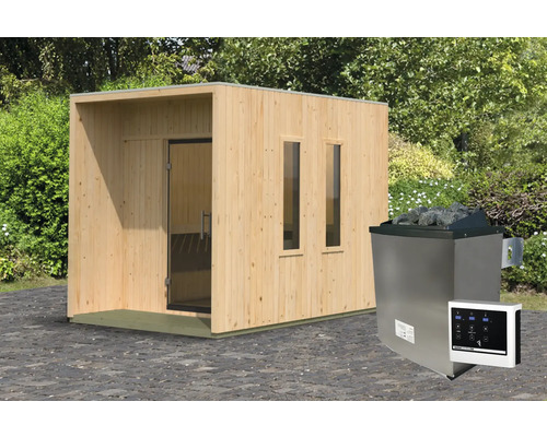 Chalet sauna Karibu Sagunas avec poêle 9 KW et commande ext. avec fenêtre et porte tout verre en verre transparent