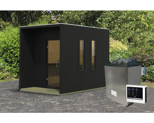 Chalet sauna Karibu Sagunas avec poêle 9 KW et commande ext. avec fenêtre et porte tout verre en verre transparent noir