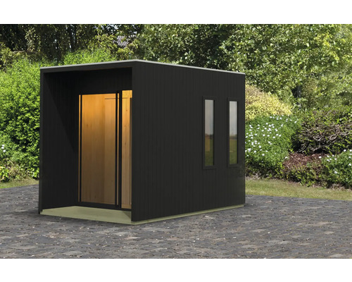 Chalet sauna Karibu Catalinos sans poêle avec vestibule et porte tout verre en verre transparent noir