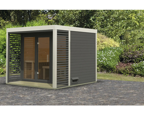 Chalet sauna Karibu Sares 3 sans poêle avec fenêtre et porte tout verre en verre transparent gris terre cuite/blanc