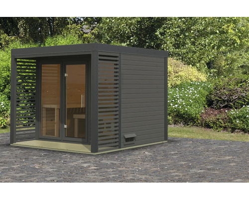 Chalet sauna Karibu Sares 3 sans poêle avec fenêtre et porte tout verre en verre transparent anthracite/gris terre cuite