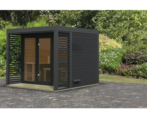 Chalet sauna Karibu Hybrid 3 sans poêle avec fenêtre et porte tout verre en verre transparent cadre en métal anthracite