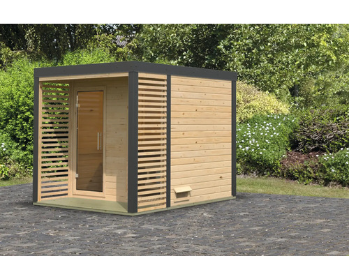 Chalet sauna Karibu Hybrid 2 sans poêle avec fenêtre et porte tout verre en verre transparent cadre en métal anthracite