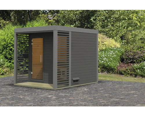 Chalet sauna Karibu Sares 2 sans poêle avec fenêtre et porte tout verre en verre transparent gris poussière/gris terre cuite