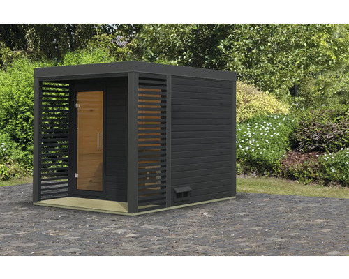 Chalet sauna Karibu Hybrid 2 sans poêle avec fenêtre et porte tout verre en verre transparent anthracite