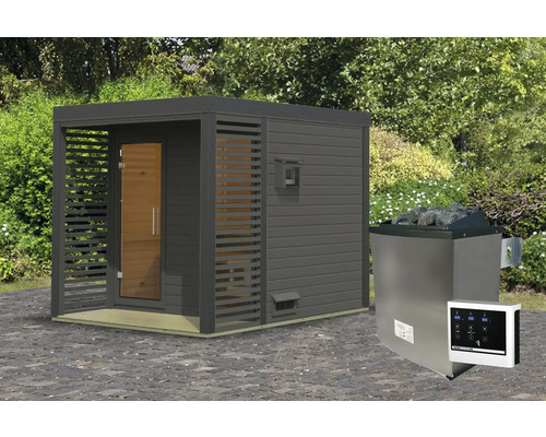 Chalet sauna Karibu Sares 2 avec poêle 9 KW et commande ext. avec fenêtre et porte tout verre en verre transparent anthracite/gris terre cuite