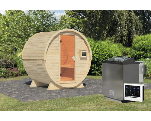 Sauna en bois massif Karibu Rondi 1 avec poêle 9 kW Bio et commande ext. et porte tout verre bronzée