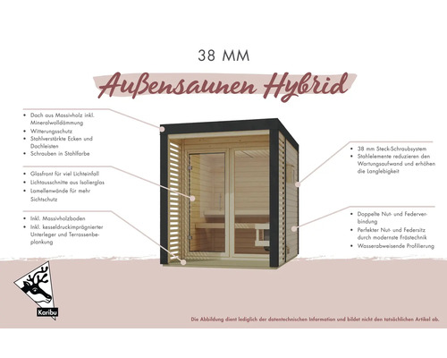 Aussensauna Hybrid 38 Millimeter mit Glasfront und Lamellenwänden
