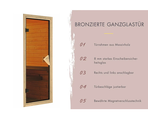 Bronzefarbene Ganzglastür mit massivem Holzrahmen und Sicherheitsglas