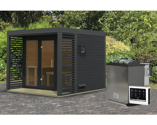 Chalet sauna Karibu Hybrid 3 avec poêle 9 kW Bio et commande ext. avec fenêtre et porte tout verre en verre transparent anthracite