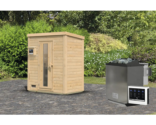 Chalet sauna Karibu Talos avec poêle 9 kW Bio et commande ext. et porte en bois et verre isolant