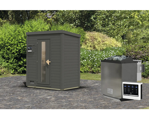 Chalet sauna Karibu Talos avec poêle 9 kW Bio et commande ext. et porte en bois et verre isolant gris terre cuite