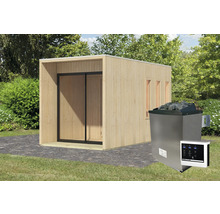 Aussenansicht einer Gartensauna aus Holz mit Saunaofen und Steuerung