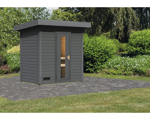 Chalet sauna Karibu Talos 1 sans poêle et porte en bois et verre isolant gris terre cuite