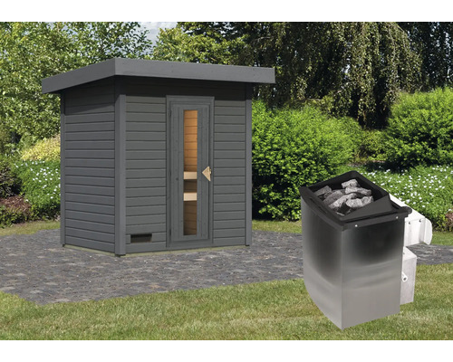 Chalet sauna Karibu Talos 1 avec poêle 9 KW et commande intégr. et porte en bois et verre isolant gris terre cuite