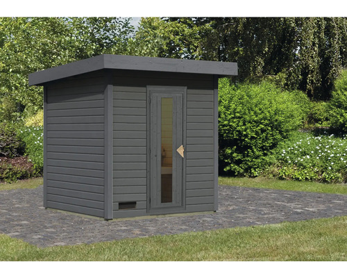 Chalet sauna Karibu Talos 2 sans poêle et porte en bois et verre isolant gris terre cuite