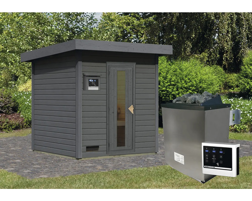 Chalet sauna Karibu Talos 2 avec poêle 9 KW et commande ext. et porte en bois et verre isolant gris terre cuite