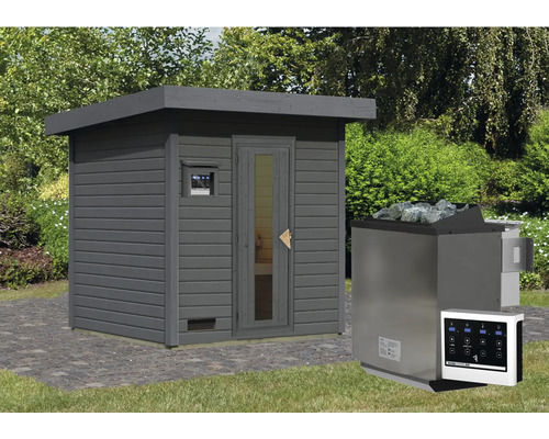 Chalet sauna Karibu Talos 2 avec poêle 9 kW Bio et commande ext. et porte en bois et verre isolant gris terre cuite