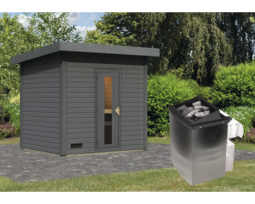 Chalet sauna Karibu Talos 3 avec poêle 9 KW et commande intégr. et porte en bois et verre isolant gris terre cuite