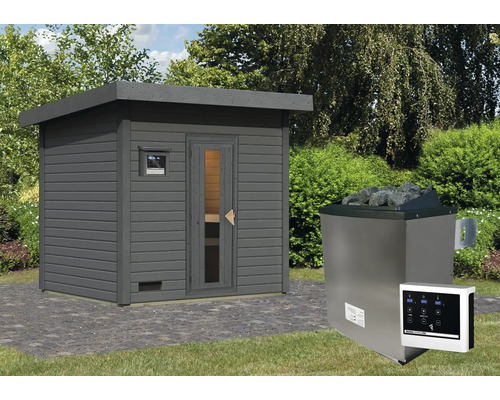 Chalet sauna Karibu Talos 3 avec poêle 9 KW et commande ext. et porte en bois et verre isolant gris terre cuite