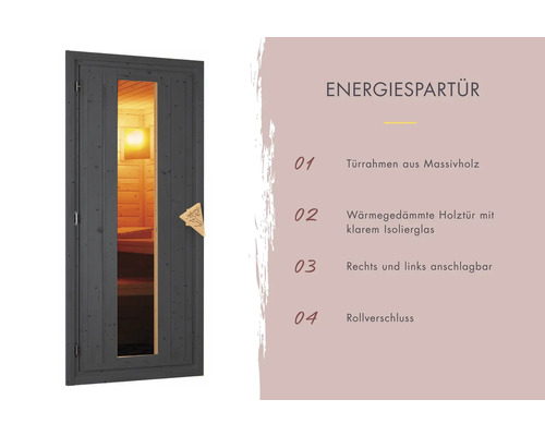 Energiespartür mit Türrahmen aus Massivholz und wärmegedämmter Holztür mit klarem Isolierglas.